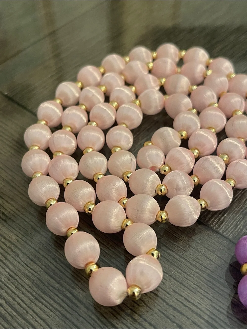Vintage 3 Necklaces with Spun Silk Satin Beads Gold Tone Spacers 30 In. Approx